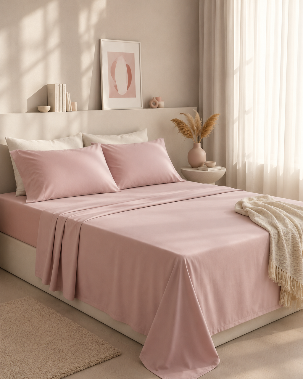 Muted Blush Pink Solid Bedsheet – Super King Size | 100% Pure Cotton