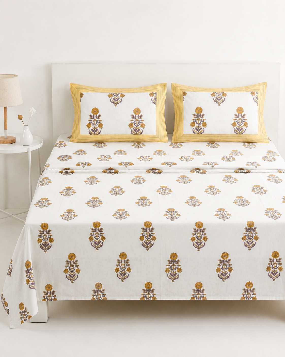 White Floral Ethnic Bedsheet – Super King Size | 100% Pure Cotton