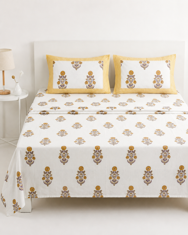 White Floral Ethnic Bedsheet – Super King Size | 100% Pure Cotton