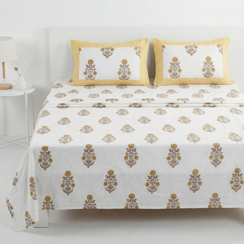 White Floral Ethnic Bedsheet – Super King Size | 100% Pure Cotton