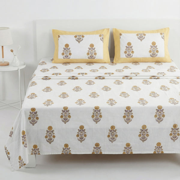White Floral Ethnic Bedsheet – Super King Size | 100% Pure Cotton