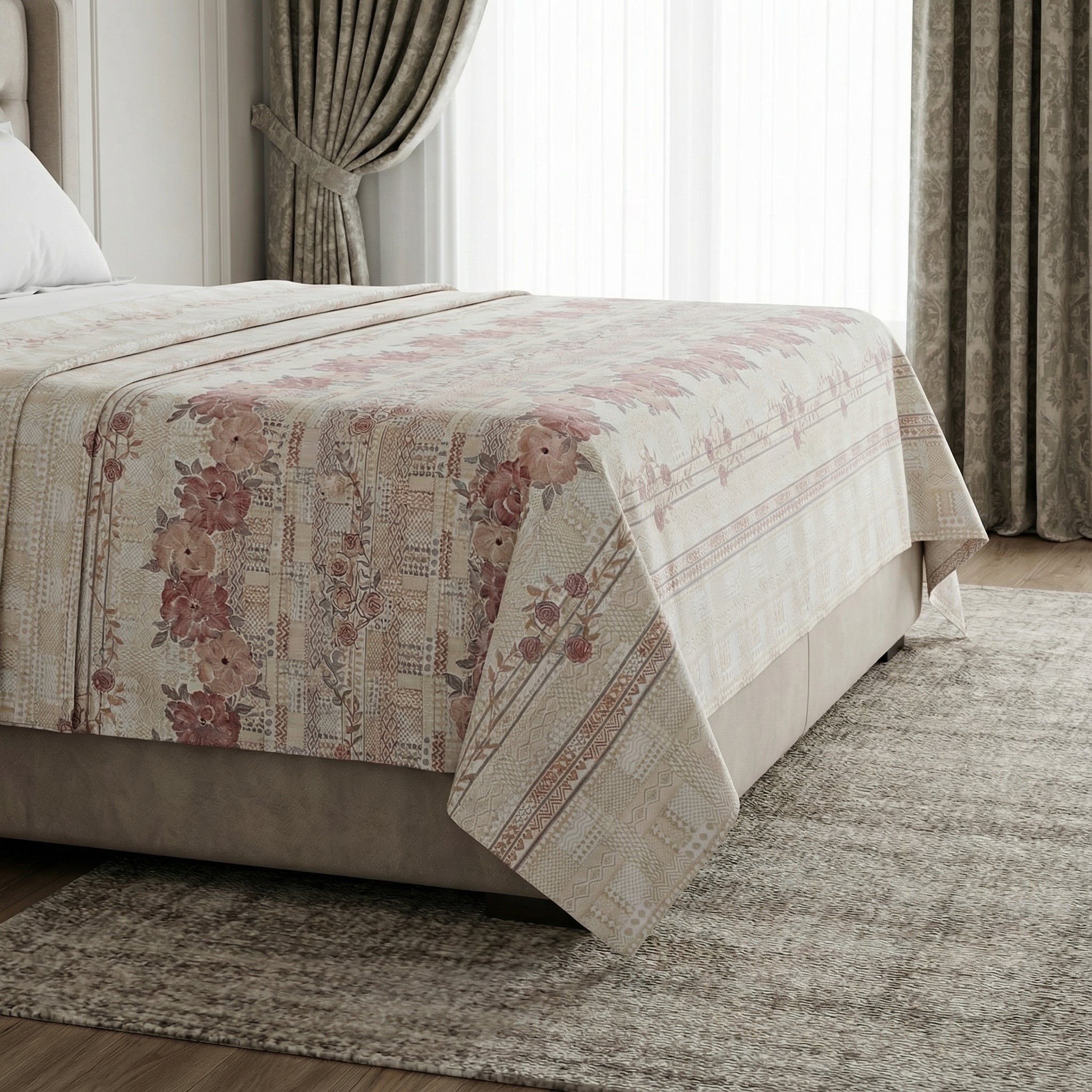 Blush Sand Bloom Floral Bedsheet – Queen Size | 100% Pure Cotton