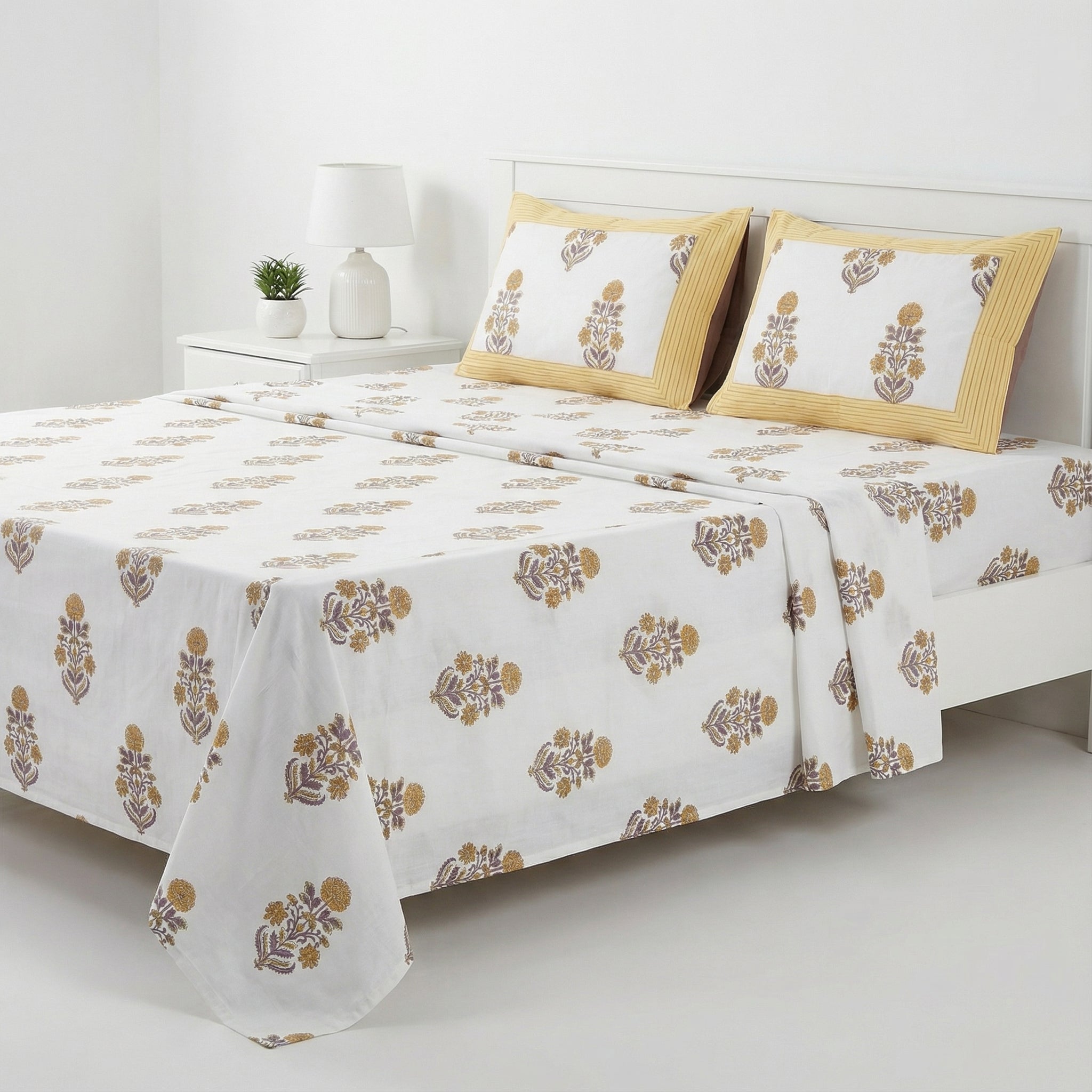 White Floral Ethnic Bedsheet – Super King Size | 100% Pure Cotton