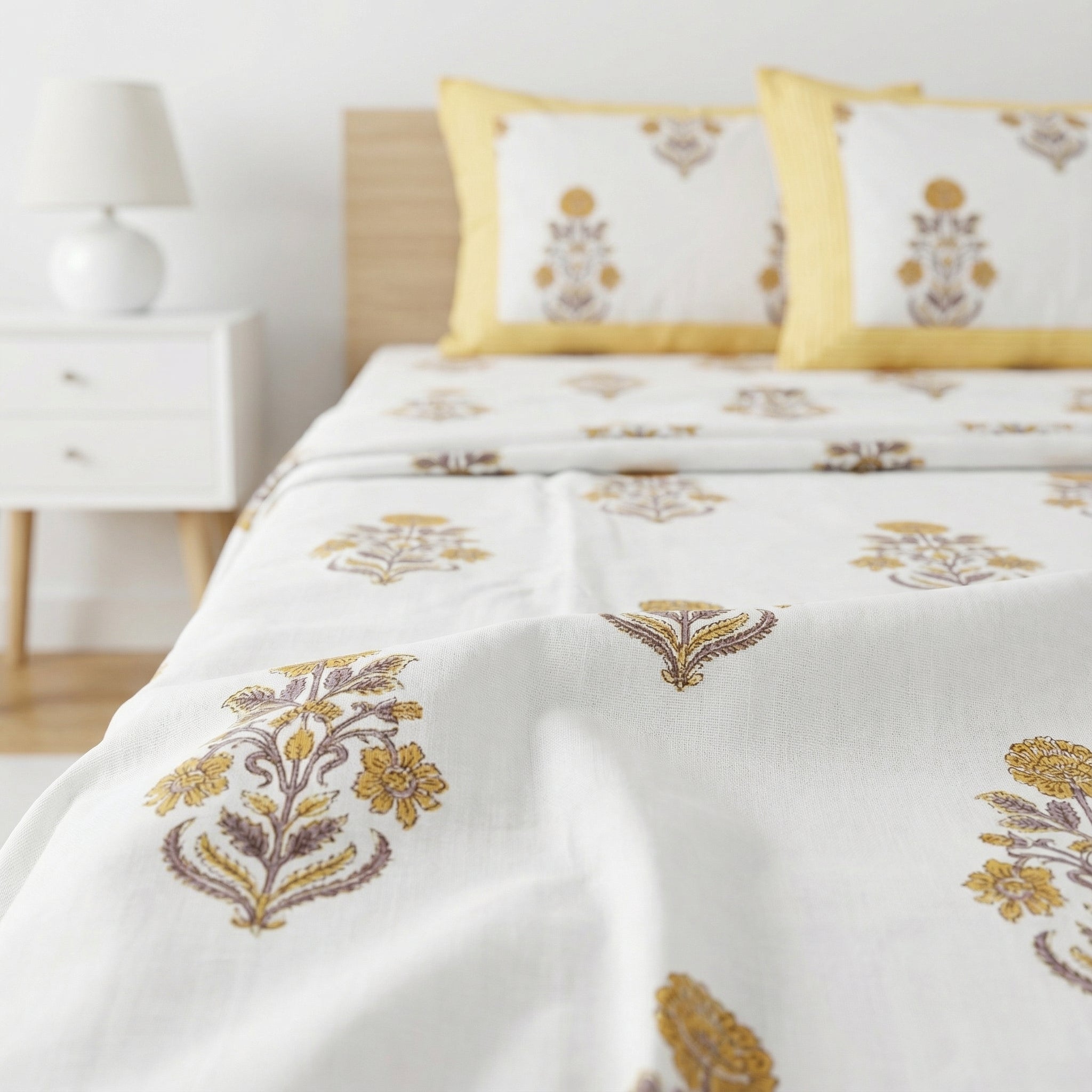White Floral Ethnic Bedsheet – Super King Size | 100% Pure Cotton