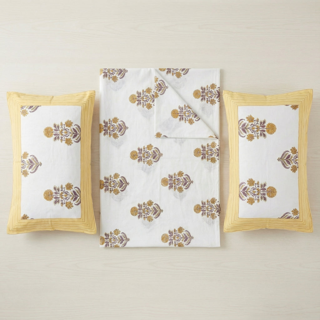White Floral Ethnic Bedsheet – Super King Size | 100% Pure Cotton