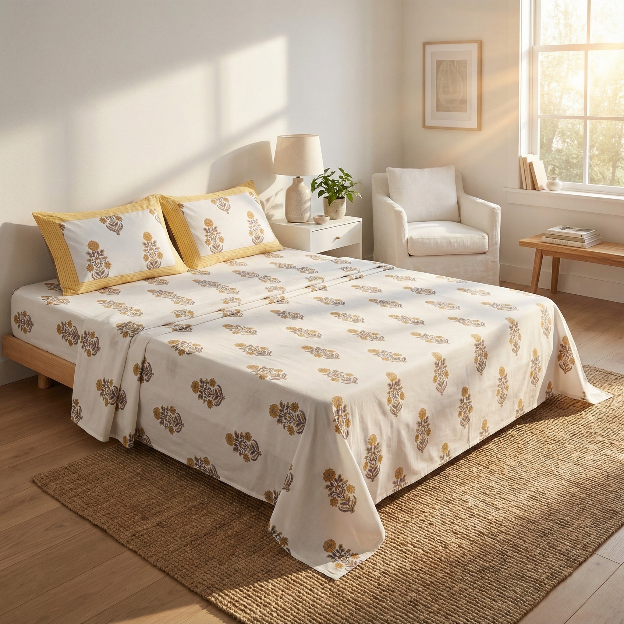 White Floral Ethnic Bedsheet – Super King Size | 100% Pure Cotton