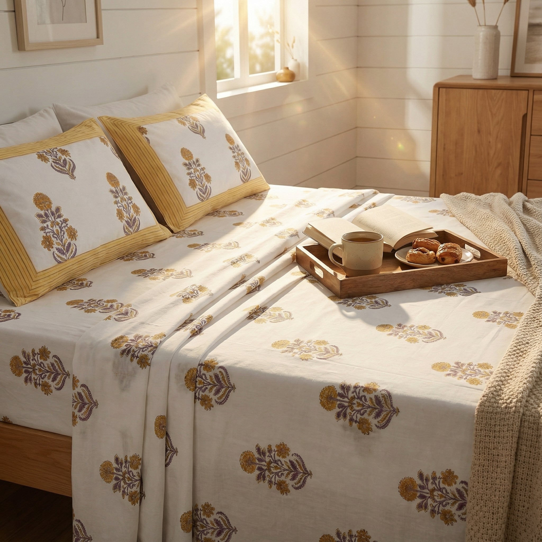 White Floral Ethnic Bedsheet – Super King Size | 100% Pure Cotton