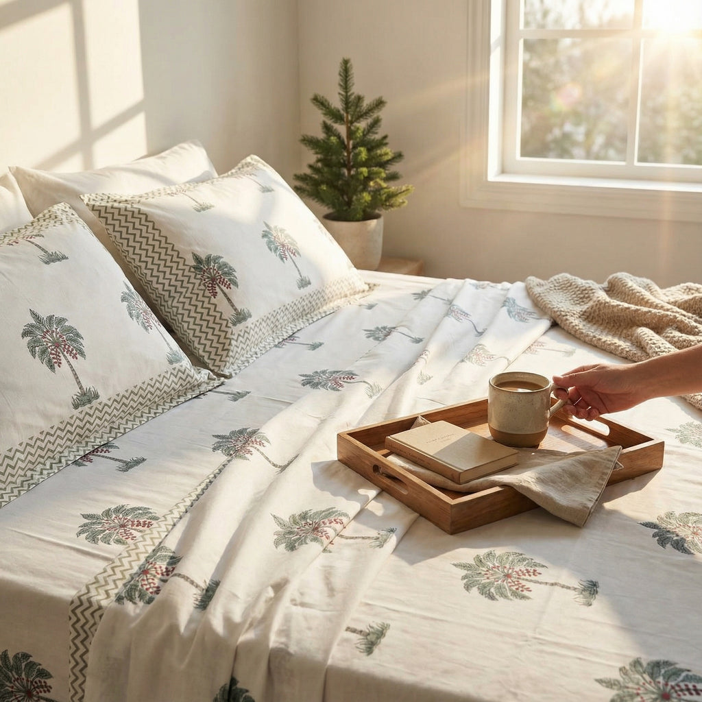 White Pine Tree Design Bedsheet – Super King Size | 100% Pure Cotton