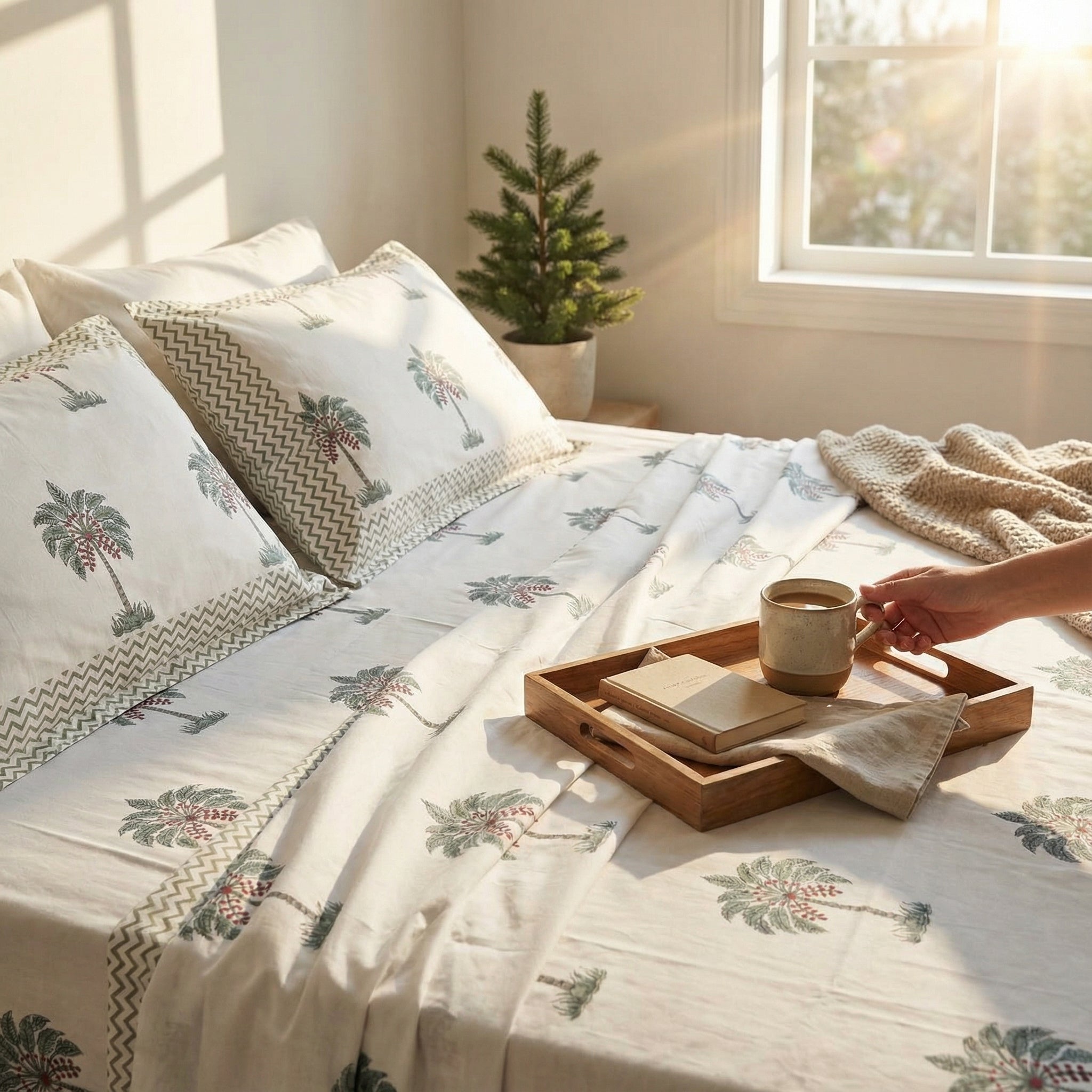 White Pine Tree Design Bedsheet – Super King Size | 100% Pure Cotton