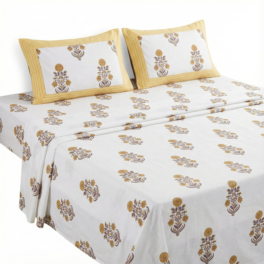 White Floral Ethnic Bedsheet – Super King Size | 100% Pure Cotton