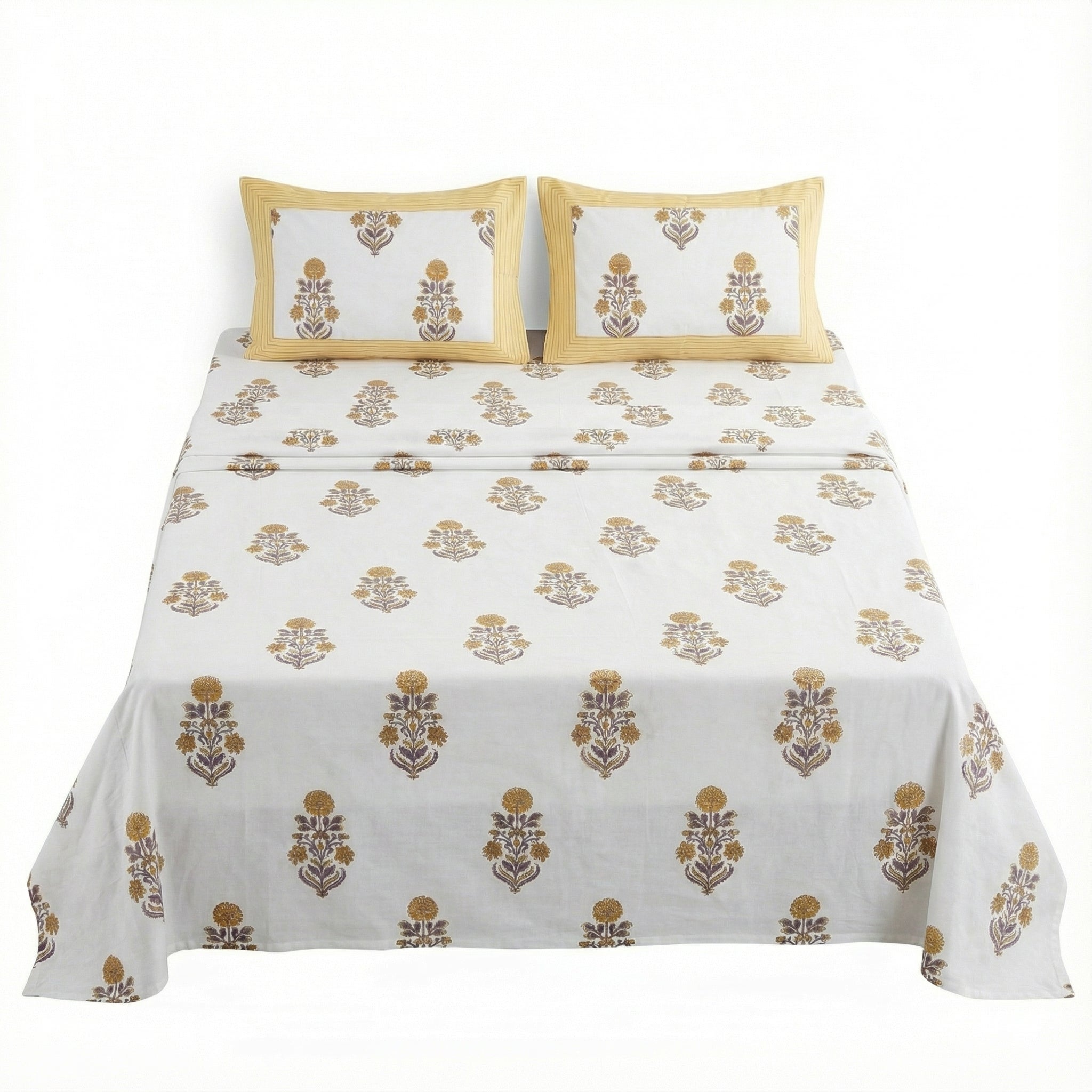 White Floral Ethnic Bedsheet – Super King Size | 100% Pure Cotton