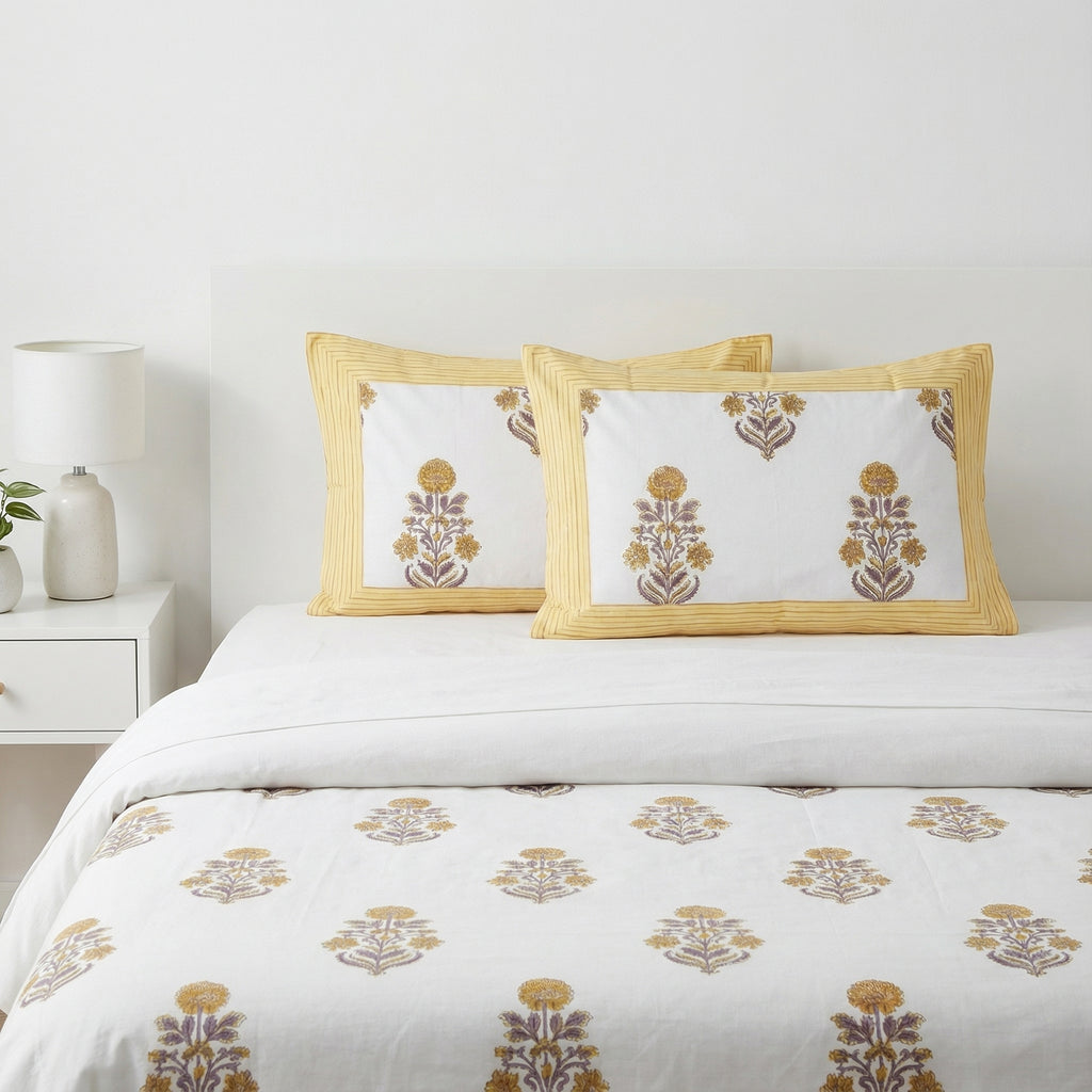 White Floral Ethnic Bedsheet – Super King Size | 100% Pure Cotton