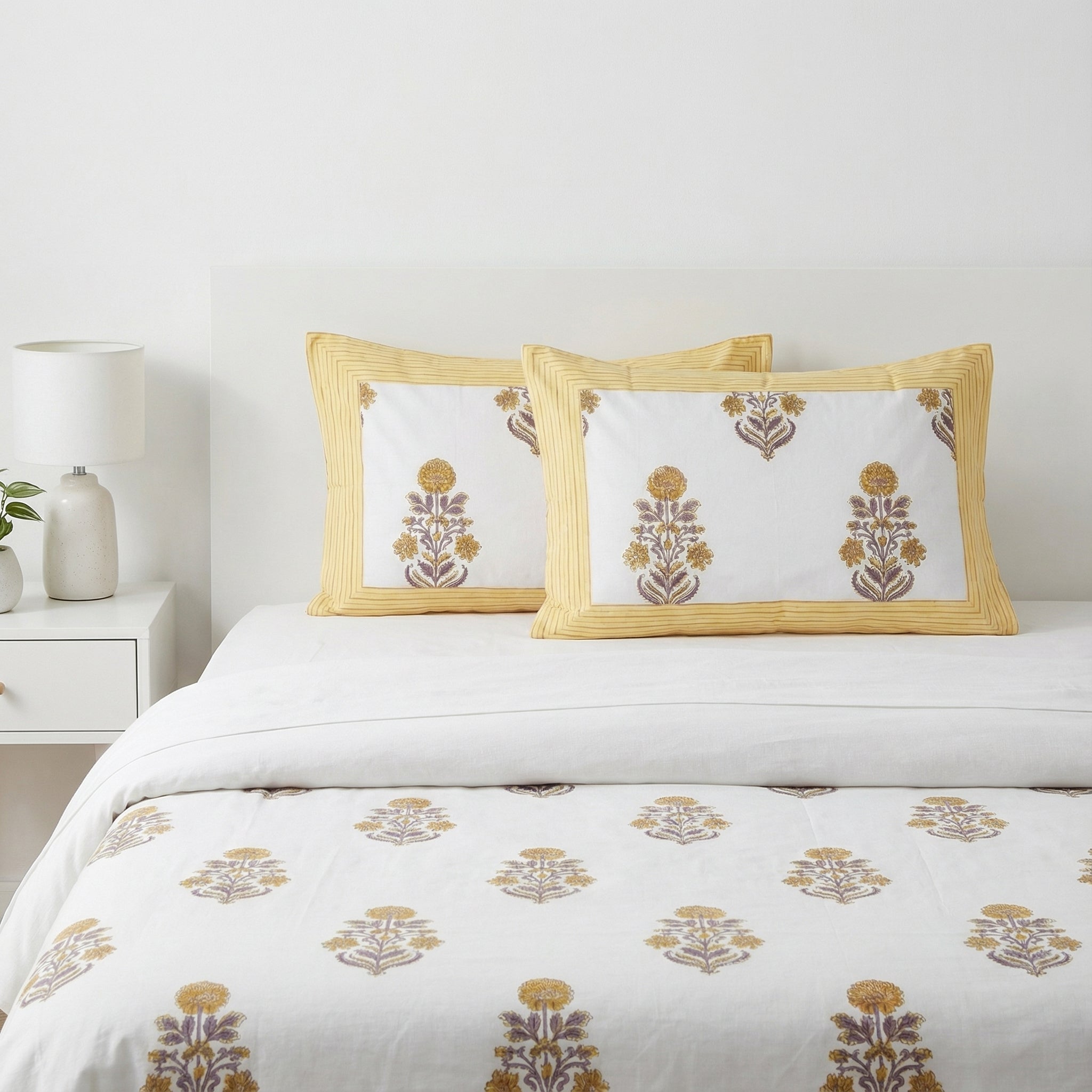 White Floral Ethnic Bedsheet – Super King Size | 100% Pure Cotton