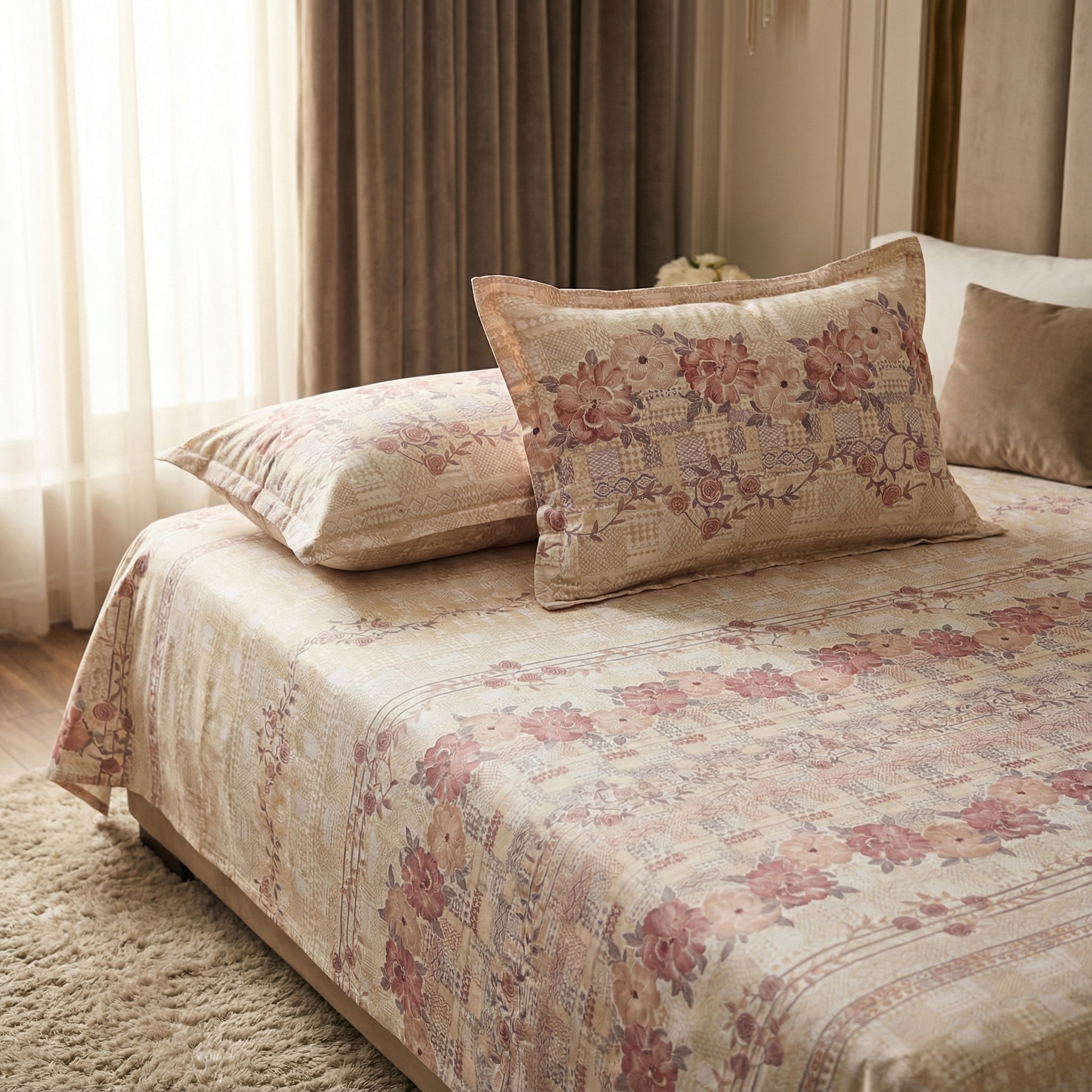 Blush Sand Bloom Floral Bedsheet – Queen Size | 100% Pure Cotton